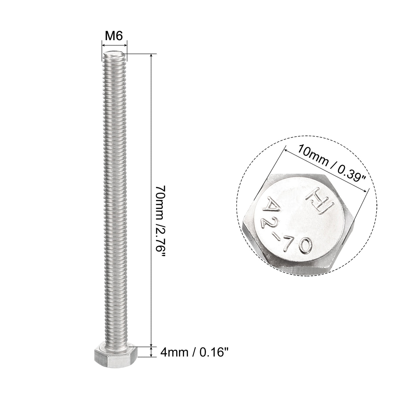 uxcell Uxcell M6x70mm Hex Bolts 304 Stainless Steel Hexagon Screw Bolt 15pcs