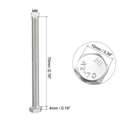 Harfington Uxcell M6x70mm Hex Bolts 304 Stainless Steel Hexagon Screw Bolt 15pcs