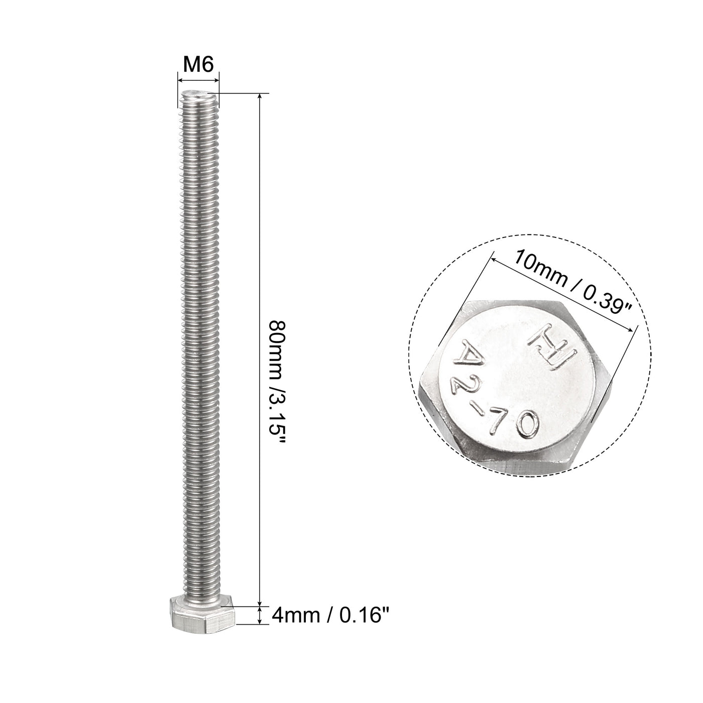 uxcell Uxcell M6x80mm Hex Bolts 304 Stainless Steel Hexagon Screw Bolt 5pcs