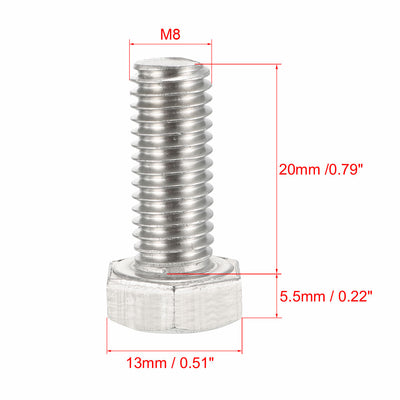 Harfington Uxcell M8x20mm Hex Bolts 304 Stainless Steel Hexagon Screw Bolt 20pcs