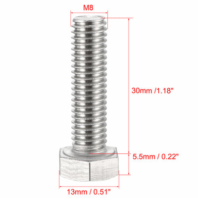 Harfington Uxcell M8x30mm Hex Bolts 304 Stainless Steel Hexagon Screw Bolt 20pcs