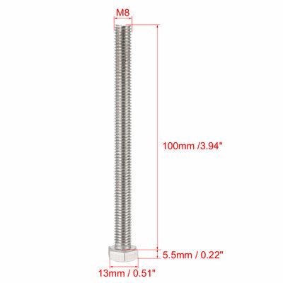 Harfington Uxcell M8x100mm Hex Bolts 304 Stainless Steel Hexagon Screw Bolt 10pcs