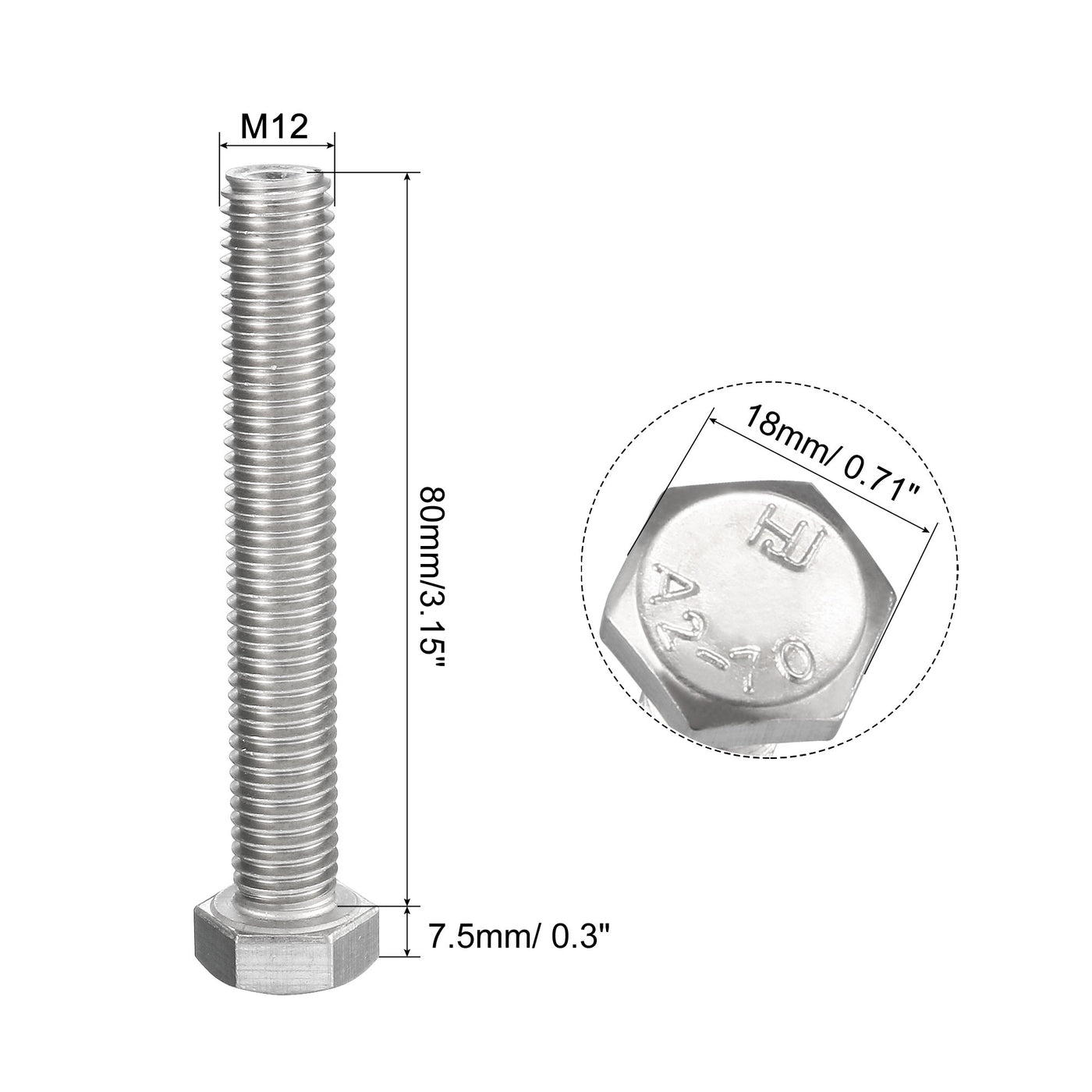 uxcell Uxcell M12x 80mm Hex Bolts 304 Stainless Steel Hexagon Screw Bolt 5pcs