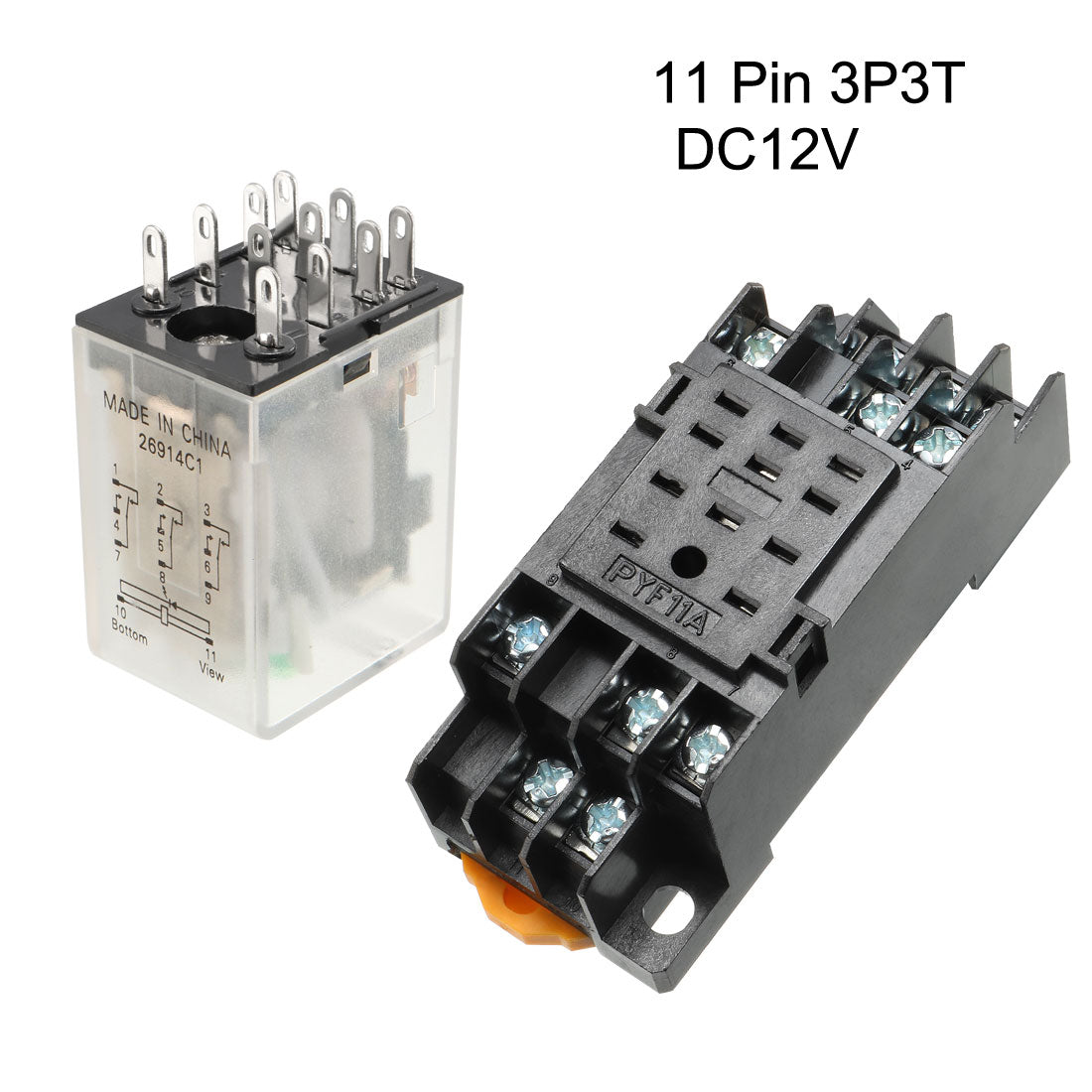 uxcell Uxcell DC12V Coil Green Indicator Light 11 Pin 3P3T Electromagnetic General Purpose Power Relay + Socket Base