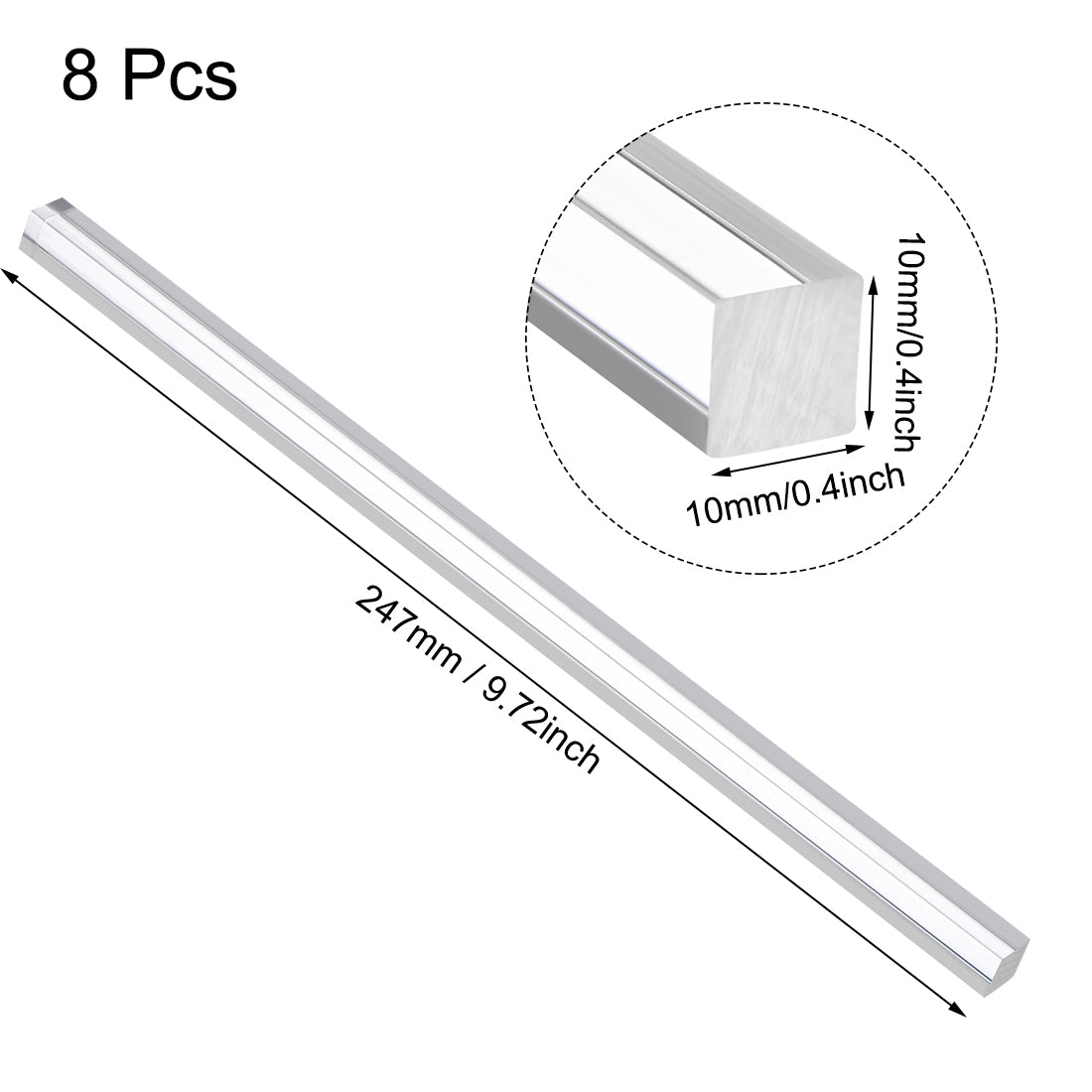 uxcell Uxcell 10mmx10mmx250mm Clear Solid Acrylic Square Rod PMMA Bar 8pcs