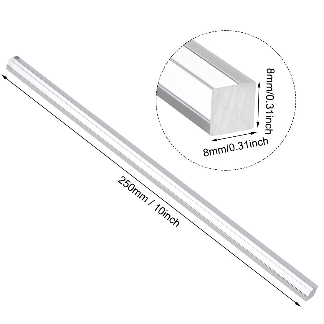 uxcell Uxcell 8mmx8mmx250mm Clear Solid Acrylic Square Rod PMMA Bar 2pcs