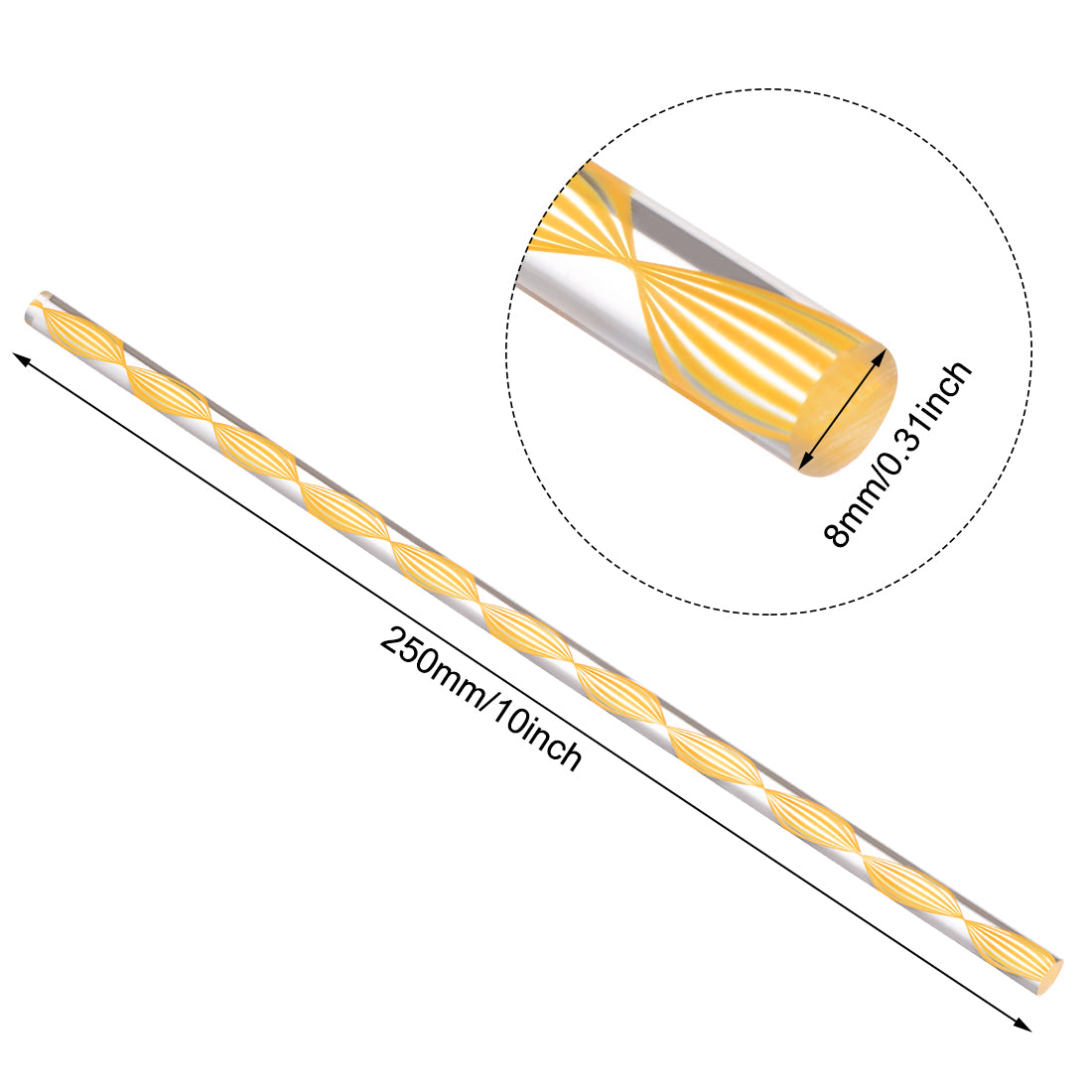 uxcell Uxcell 8mmx250mm Spiral Yellow Line Solid Acrylic Round Rod PMMA Bar 2pcs