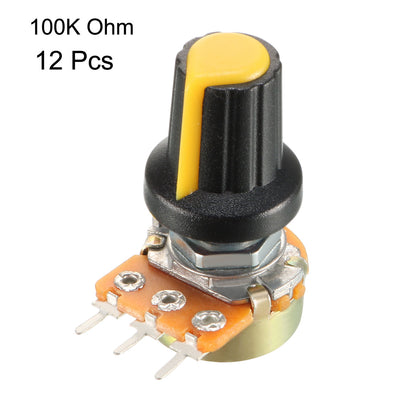 Harfington Uxcell 12Pcs 100K Ohm Variable Resistors Single Turn Rotary Carbon Film Taper Potentiometer with Knobs