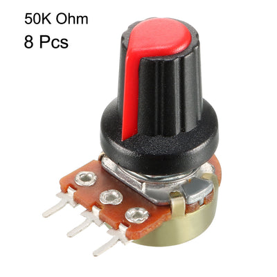 Harfington Uxcell 8Pcs 50K Ohm Variable Resistors Single Turn Rotary Carbon Film Taper Potentiometer with Knobs