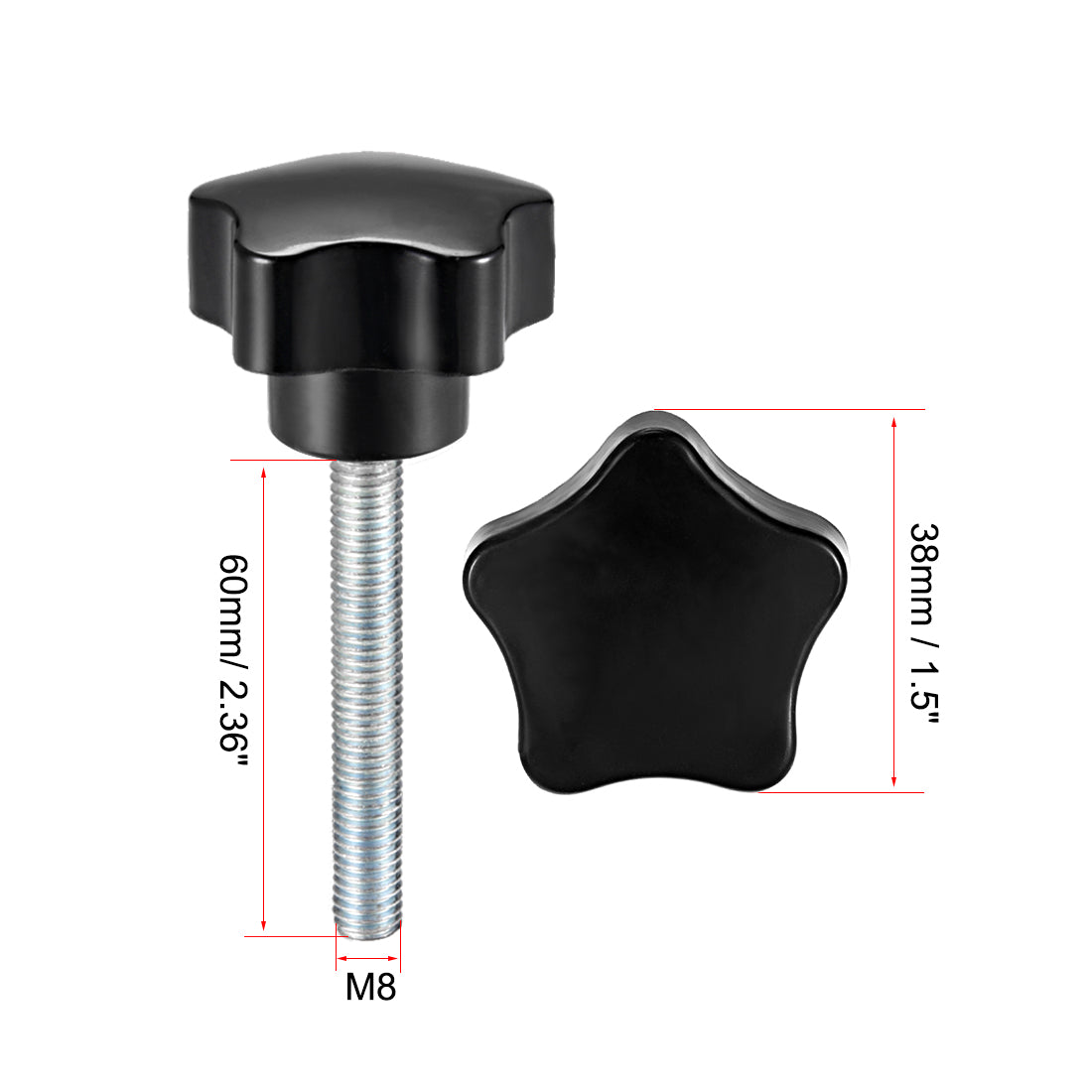 uxcell Uxcell Star Knobs Grips M8 x 60mm Male Thread  Steel Zinc Stud Black PP