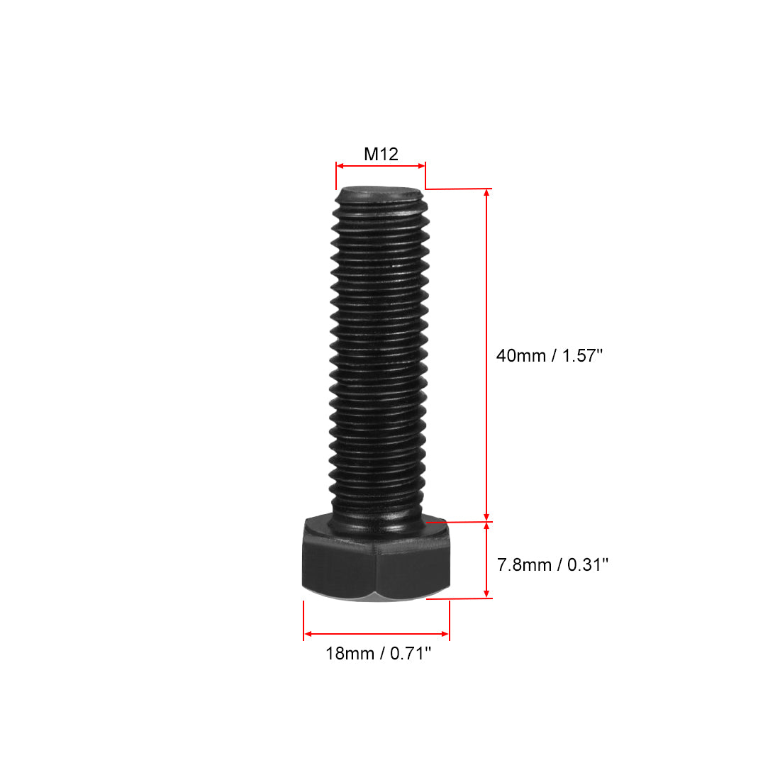 uxcell Uxcell M12x40mm Hex Head Screw Bolts Fastener Grade 8.8 Carbon Steel Black 10pcs