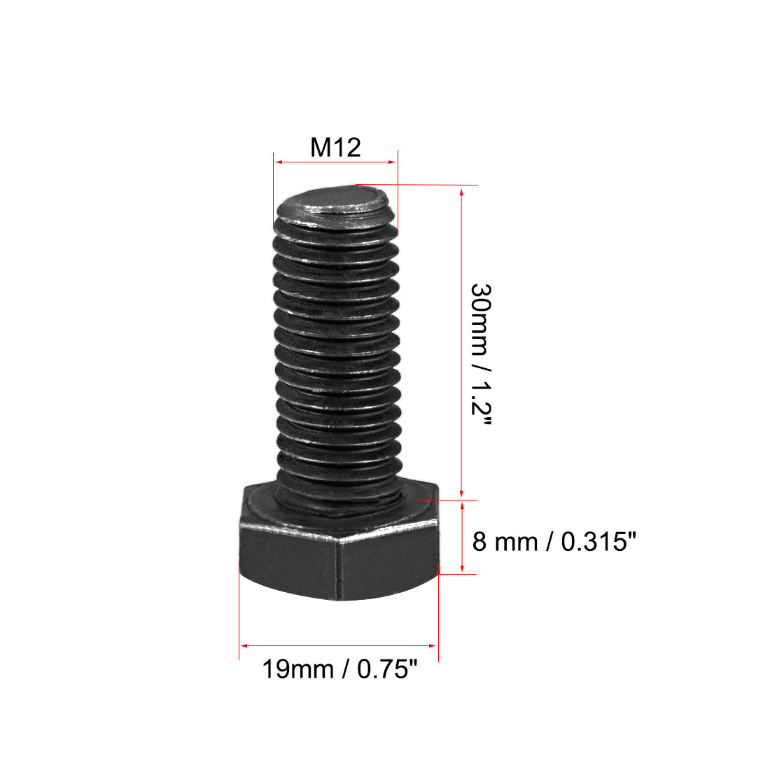 uxcell Uxcell M12x30mm Hex Head Left Hand Screw Bolts Fastener Carbon Steel Black 2pcs