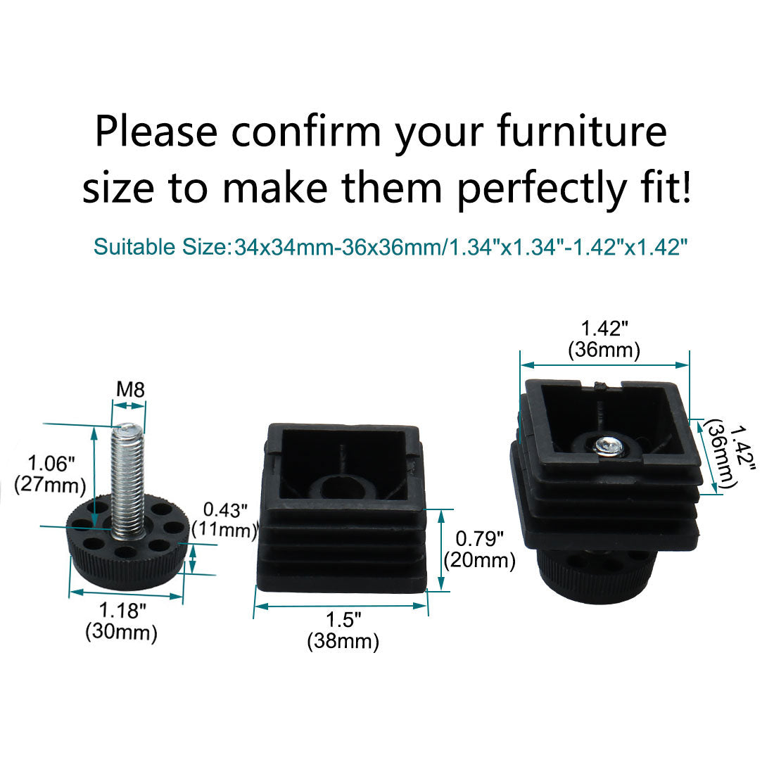 uxcell Uxcell Leveling Feet 38 x 38mm Square Tube Inserts Kit Furniture Glide Adjuster 8 Sets