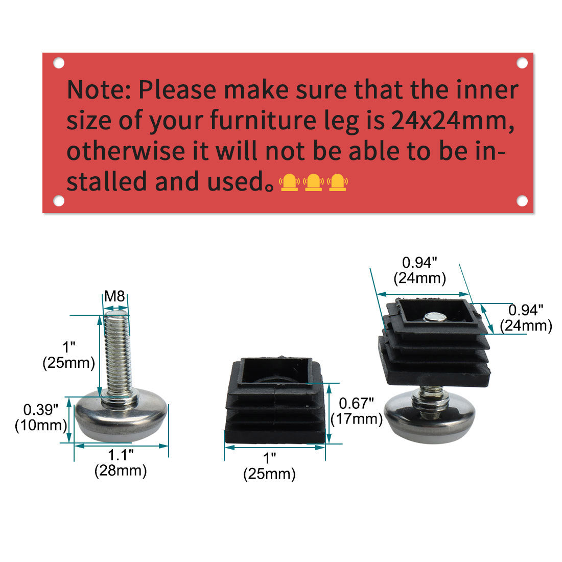 uxcell Uxcell Adjustable Leveling Feet 25 x 25mm Tube Inserts Furniture Table Glide 8 Pcs