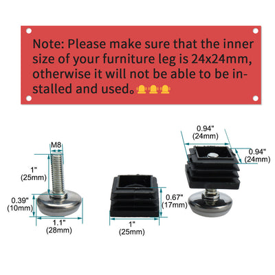 Harfington Uxcell Adjustable Leveling Feet 25 x 25mm Tube Inserts Furniture Table Glide 8 Pcs