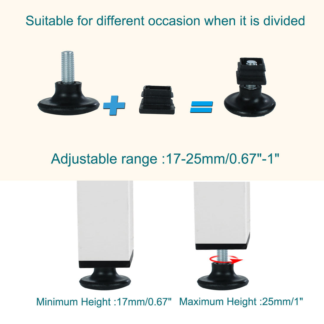 uxcell Uxcell Adjustable Feet 20 x 20mm Square Inserts Furniture Glide 10 Sets Black