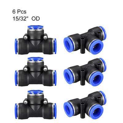 Harfington Uxcell 6pcs Push To Connect Fittings T Type Tube Connect 12mm or 15/32" od Push Fit Fittings Tube Fittings Push Lock Blue (12mm T tee)