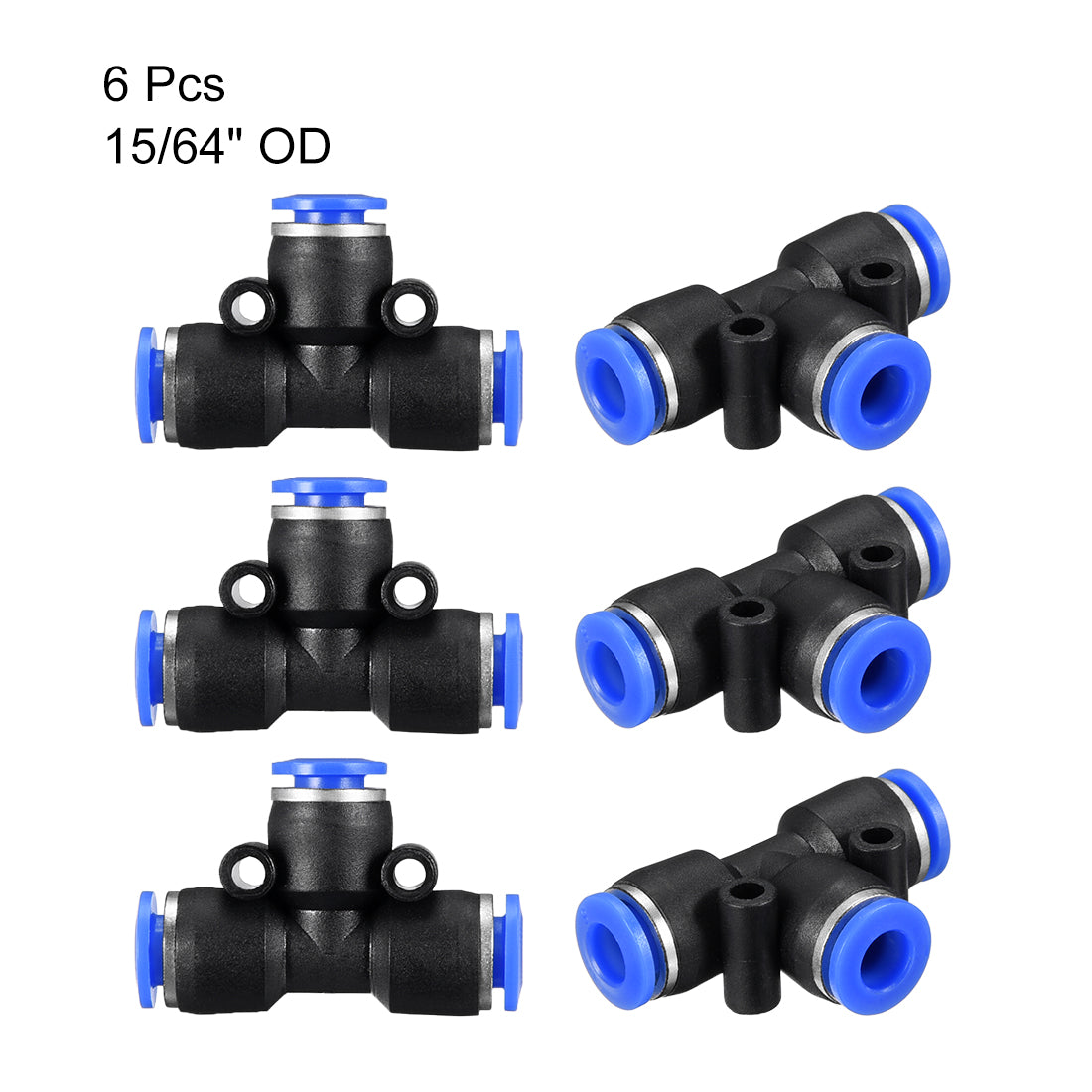 uxcell Uxcell 6pcs Push To Connect Fittings T Type Tube Connect 6mm or 15/64" od Push Fit Fittings Tube Fittings Push Lock Blue (6mm T tee)