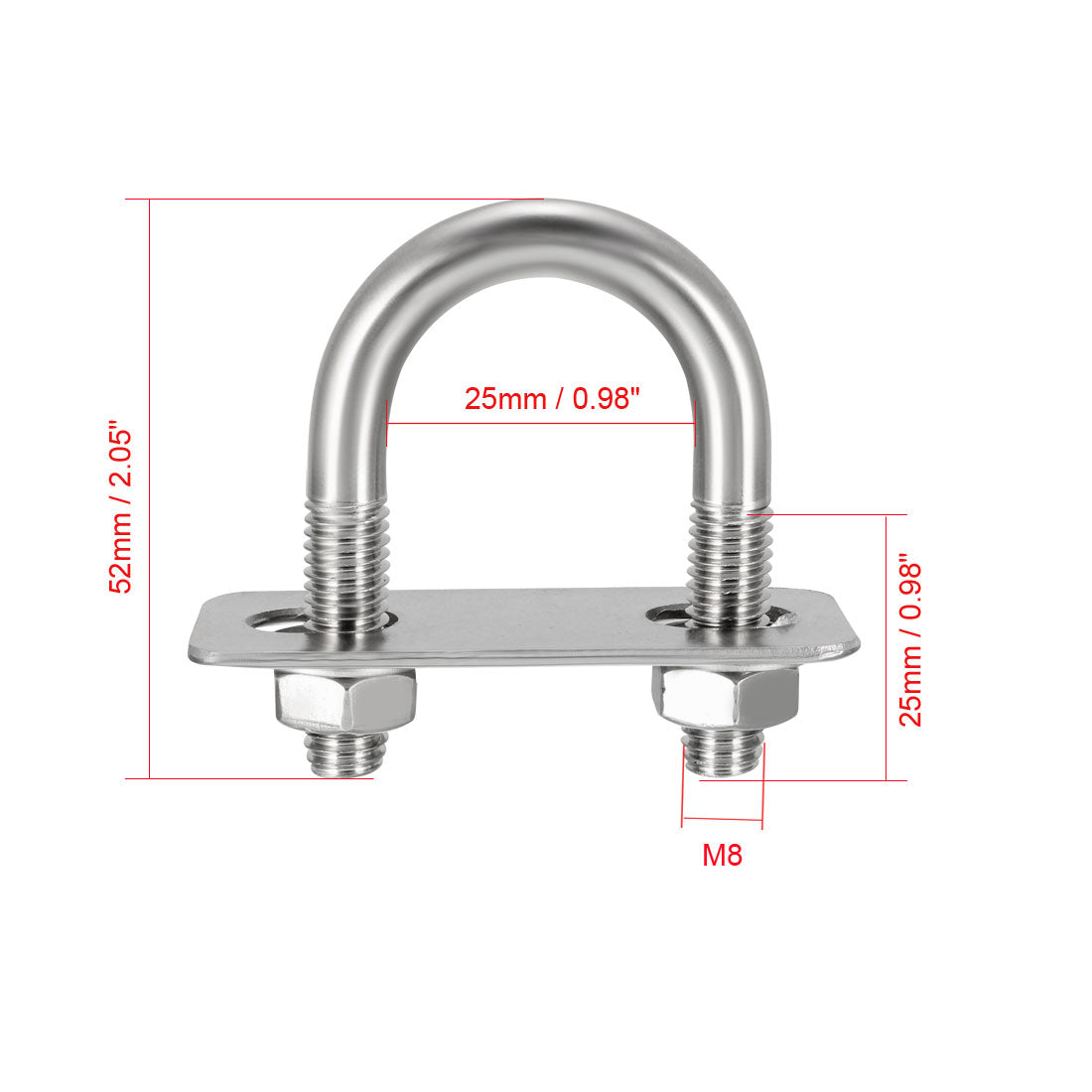 uxcell Uxcell U-Bolts M8 27mm Inner Width 304 Stainless Steel with Nuts Frame Straps 2Pcs