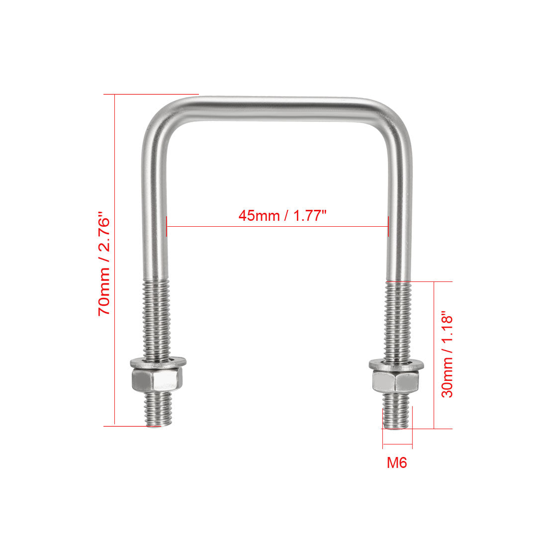 uxcell Uxcell Square U-Bolts M6 D x 45mm W x 70mm L 304 Stainless Steel with Nuts Washers 2Pcs