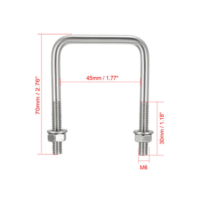 Harfington Uxcell Square U-Bolts M6 D x 45mm W x 70mm L 304 Stainless Steel with Nuts Washers 2Pcs