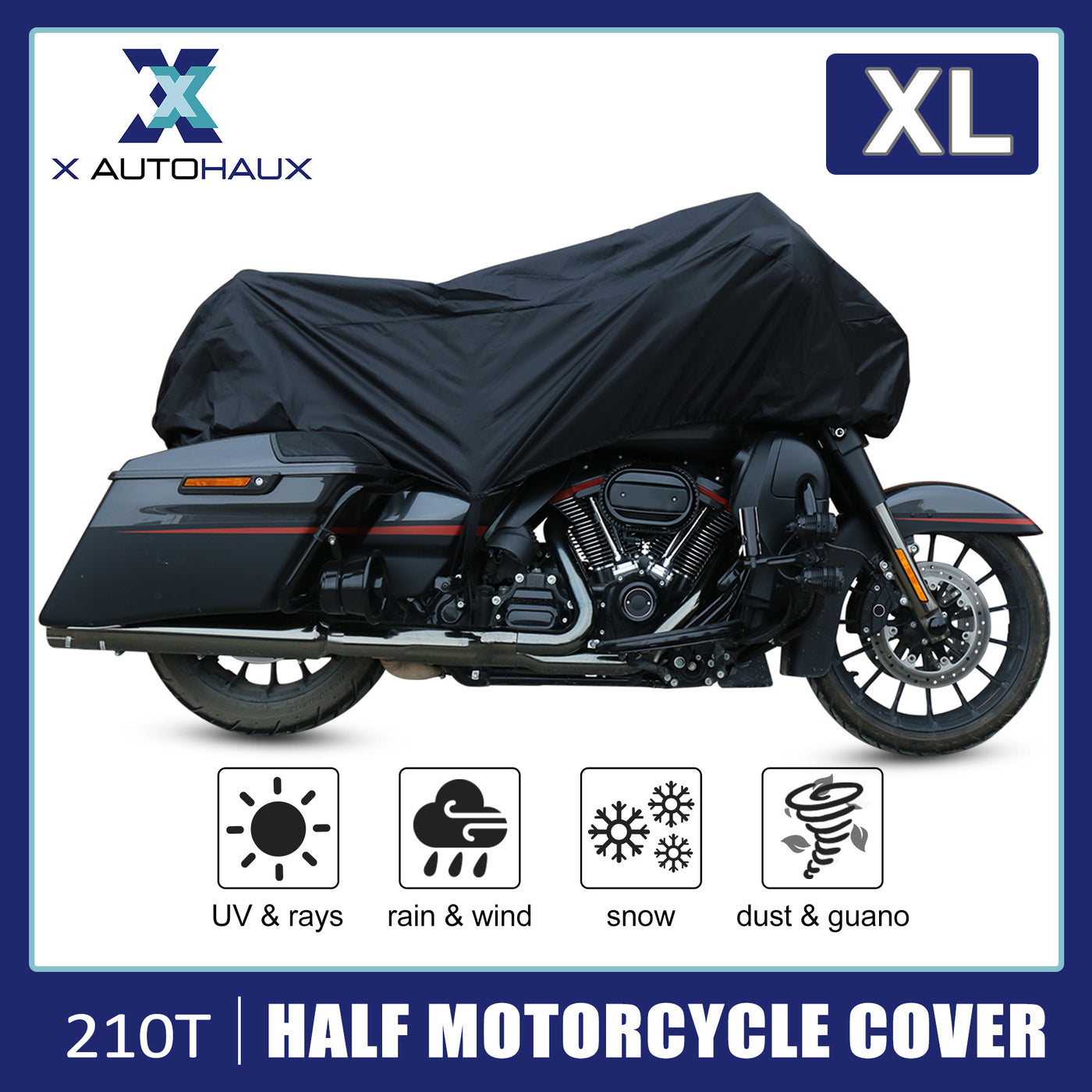 X AUTOHAUX Motorcycle Cover Lightweight Half Cover Outdoor Waterproof Rain Dust Protector Black XL for Most Full Dress Touring Cruiser