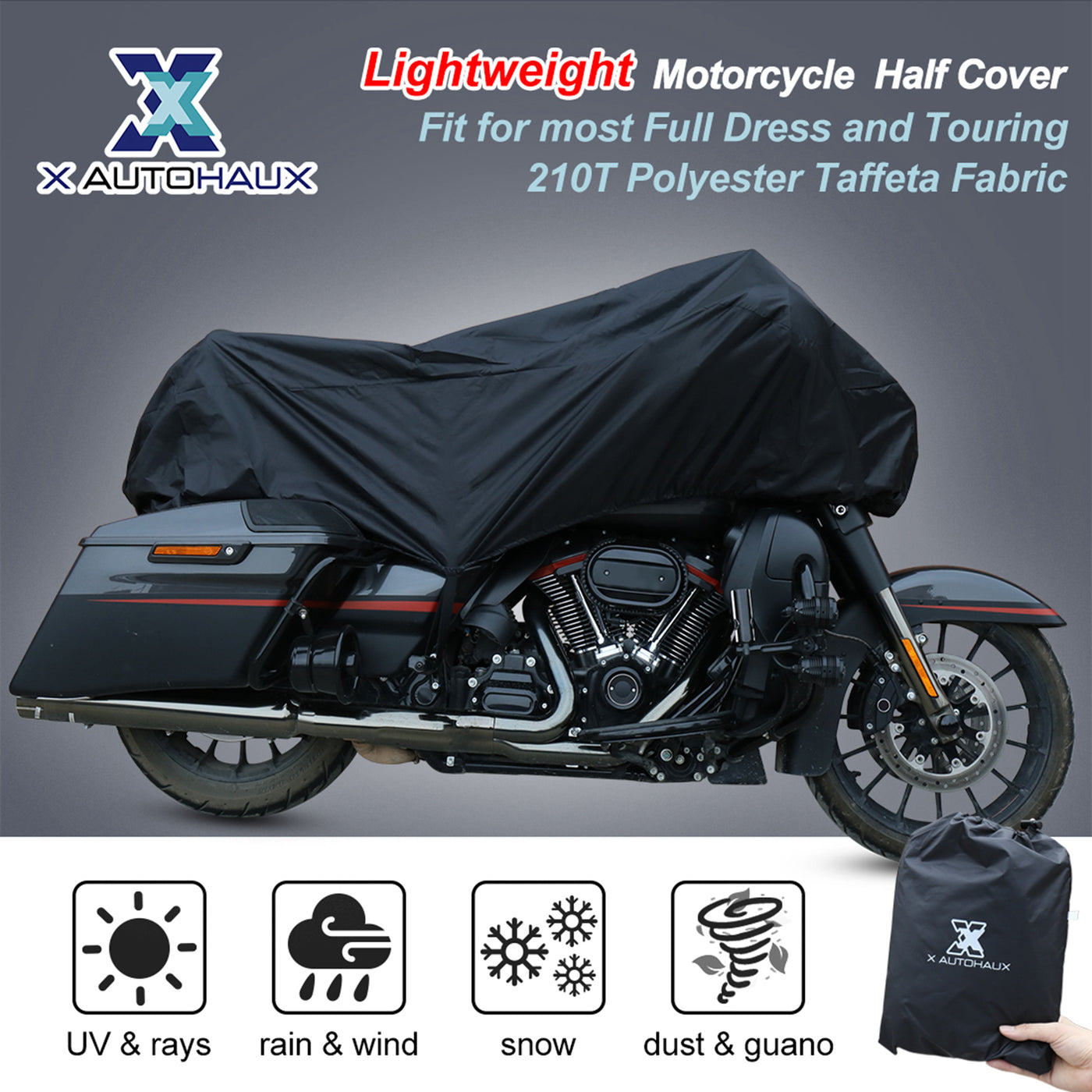 X AUTOHAUX Motorcycle Cover Lightweight Half Cover Outdoor Waterproof Rain Dust Protector Black XL for Most Full Dress Touring Cruiser