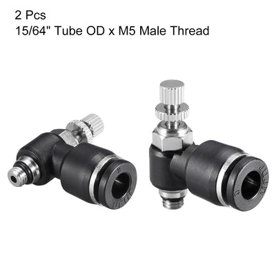 Harfington Uxcell Push-to-Connect Air Flow Control Valve, Elbow, 15/64" Tube OD x M5  Male Thread Speed controller Valve Tube fitting Black,2pcs