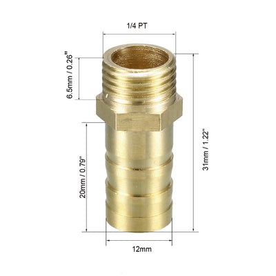 Harfington Uxcell Brass Barb Hose Fitting Connector Adapter 12mm Barbed x 1/4 PT Male Pipe 5pcs