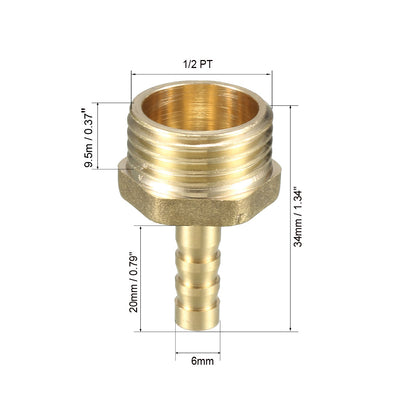 Harfington Uxcell Brass Barb Hose Fitting Connector Adapter 6mm Barbed x 1/2 PT Male Pipe