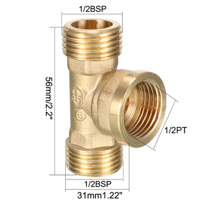 Harfington Uxcell Brass Tee Pipe Fittings 1/2BSP Male x 1/2BSP Male x 1/2PT Female Adapter 2pcs