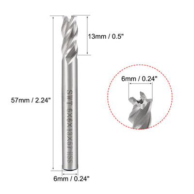 Harfington Uxcell High Speed Steel HSS-AL 4 Flute Straight End Mill Cutter CNC Router Bits, 6 x 6 x 13mm