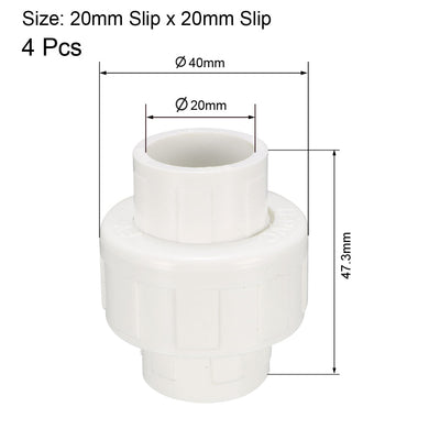 Harfington Uxcell 20mm Slip x 20mm Slip Metric PVC Pipe Fitting Union Solvent Socket Quick Connector 4pcs