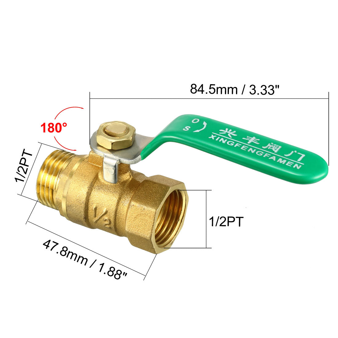 uxcell Uxcell Messing-Kugelhahn vollem Durchgang, 1/2PT, männlich, weiblich, mit Vinylgriff