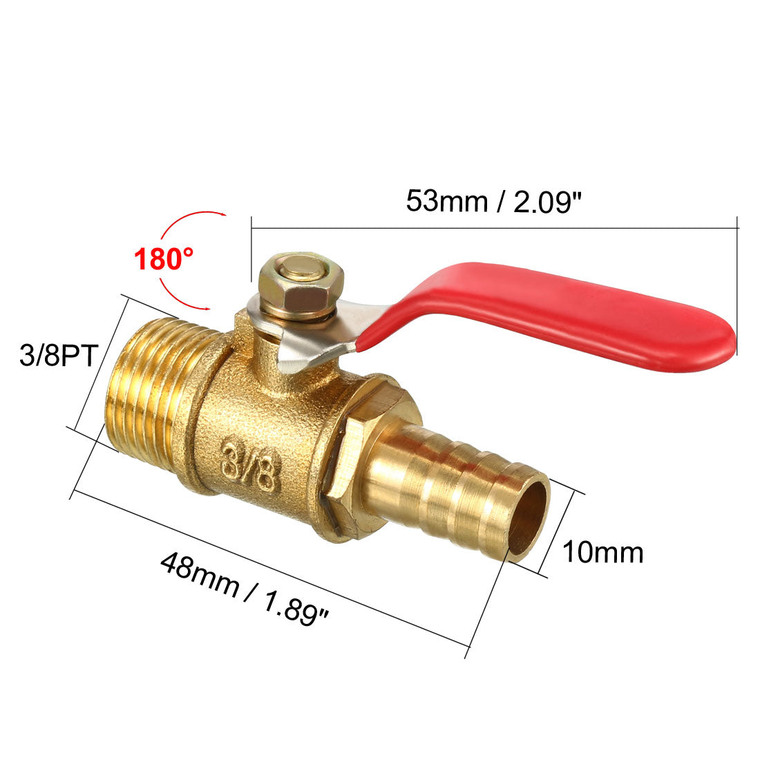 uxcell Uxcell 3/8PT Male Threaded x 10mm Barb Brass Mini Ball Valve, 180 Degree Operation Handle