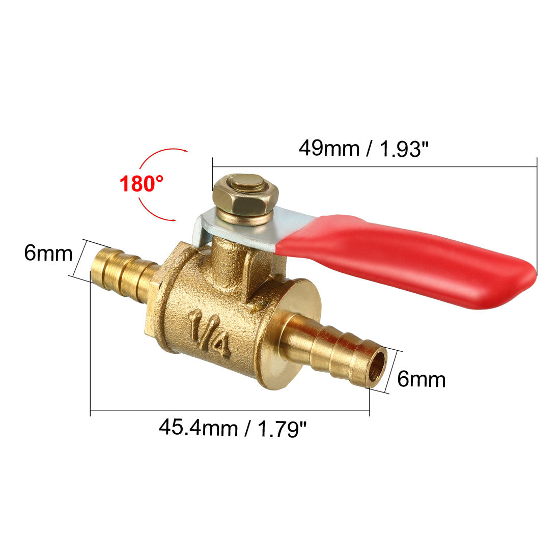 uxcell Uxcell 6mm Brass Barb x Barb Mini Ball Valve, 180 Degree Operation Handle 5 Pcs