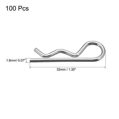 Harfington Uxcell 1.8mm x 32mm Carbon Steel R Shaped Spring Cotter Clip Pin Fastener Hardware Silver Tone 100 Pcs