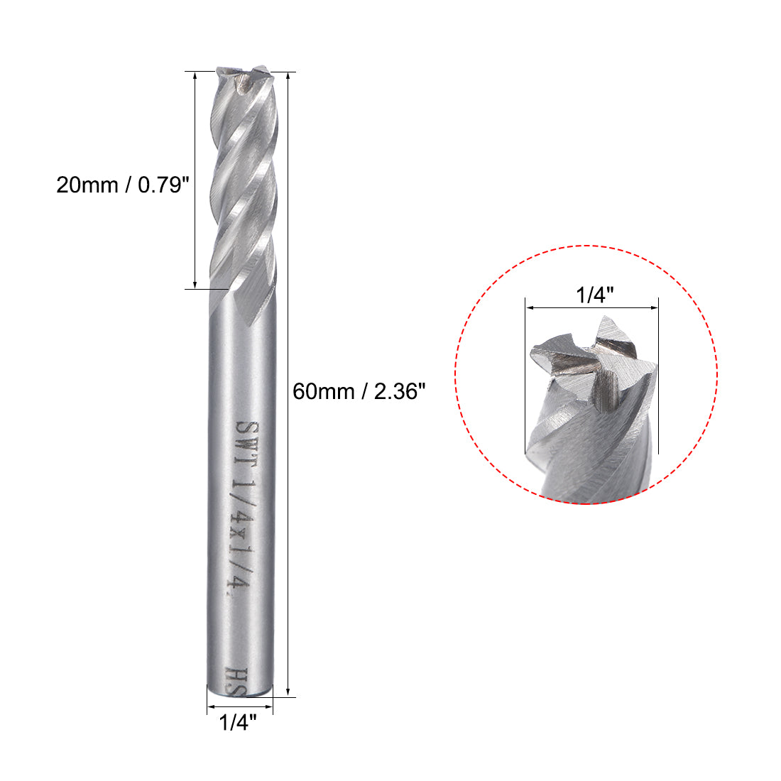 uxcell Uxcell 1/4" Cutting HSSAL Spiral Drill Bit Straight End Mill Cutter 4 Flute with 1/4" Shank