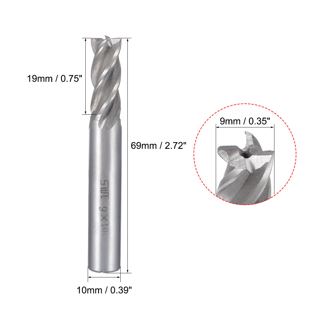 uxcell Uxcell 10mm Shank 9mm x 19mm Straight Flat Nose End Mill Cutter CNC Router Bits 4 Flute