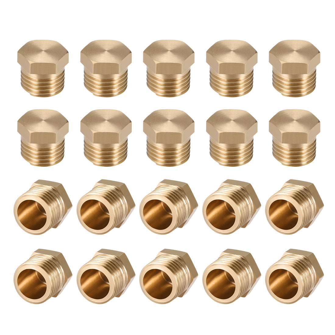 uxcell Uxcell Brass Pipe Fitting, Cored Hex Head Plug 1/4"G Male Thread Connector Coupling Adapter 20pcs