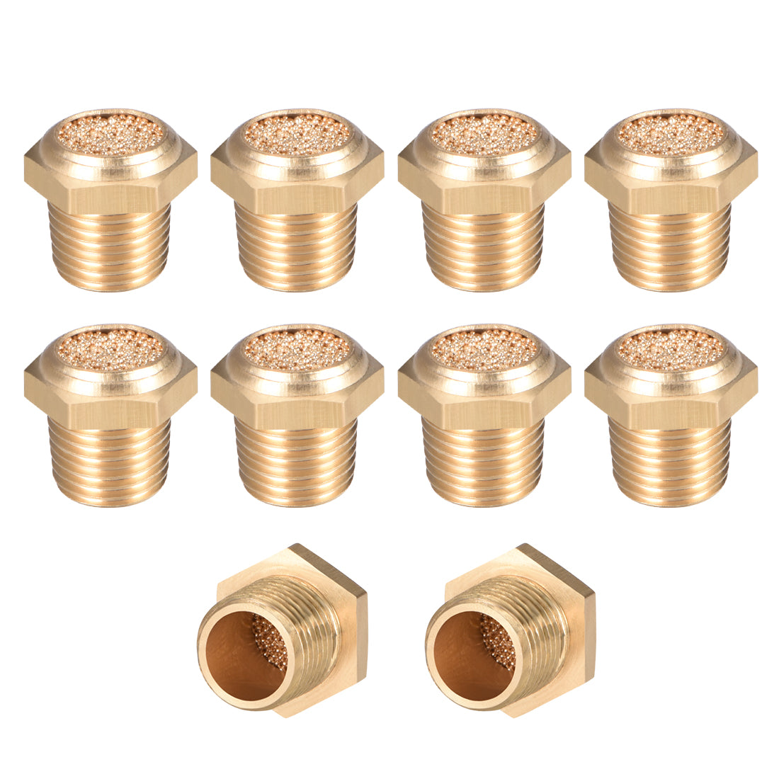 uxcell Uxcell Brass Exhaust Muffler, G1/8 Male Thread 15/32" Hex Sintered Air Pneumatic Bronze Muffler with Brass Body Flat 10pcs