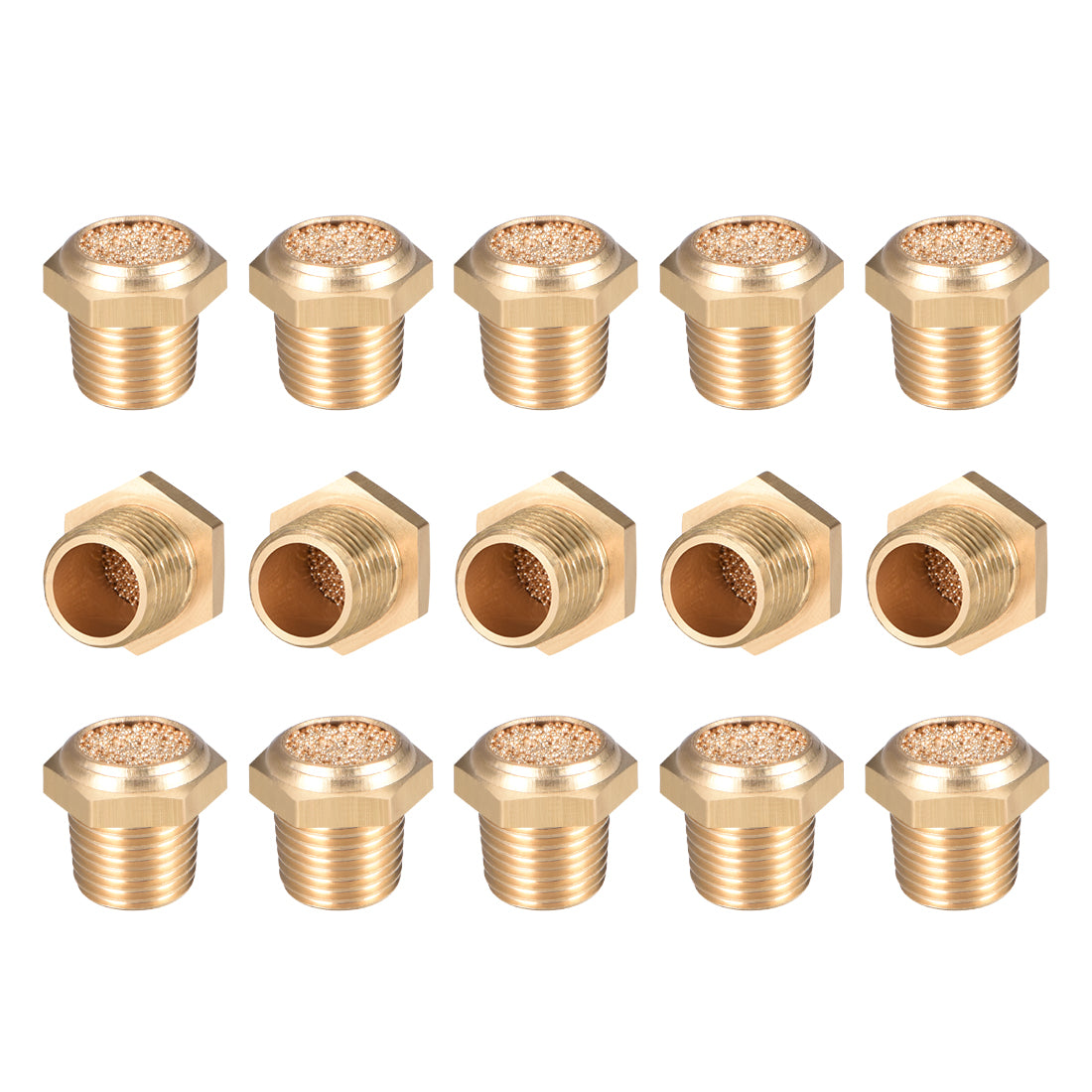 uxcell Uxcell Brass Exhaust Muffler, G1/8 Male Thread 15/32" Hex Sintered Air Pneumatic Bronze Muffler with Brass Body Flat 15pcs