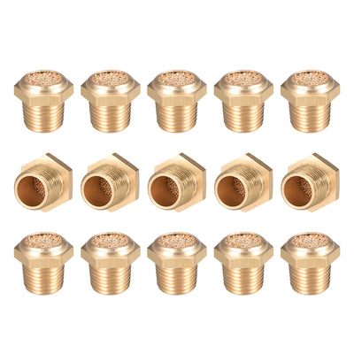 Harfington Uxcell Brass Exhaust Muffler, G1/8 Male Thread 15/32" Hex Sintered Air Pneumatic Bronze Muffler with Brass Body Flat 15pcs