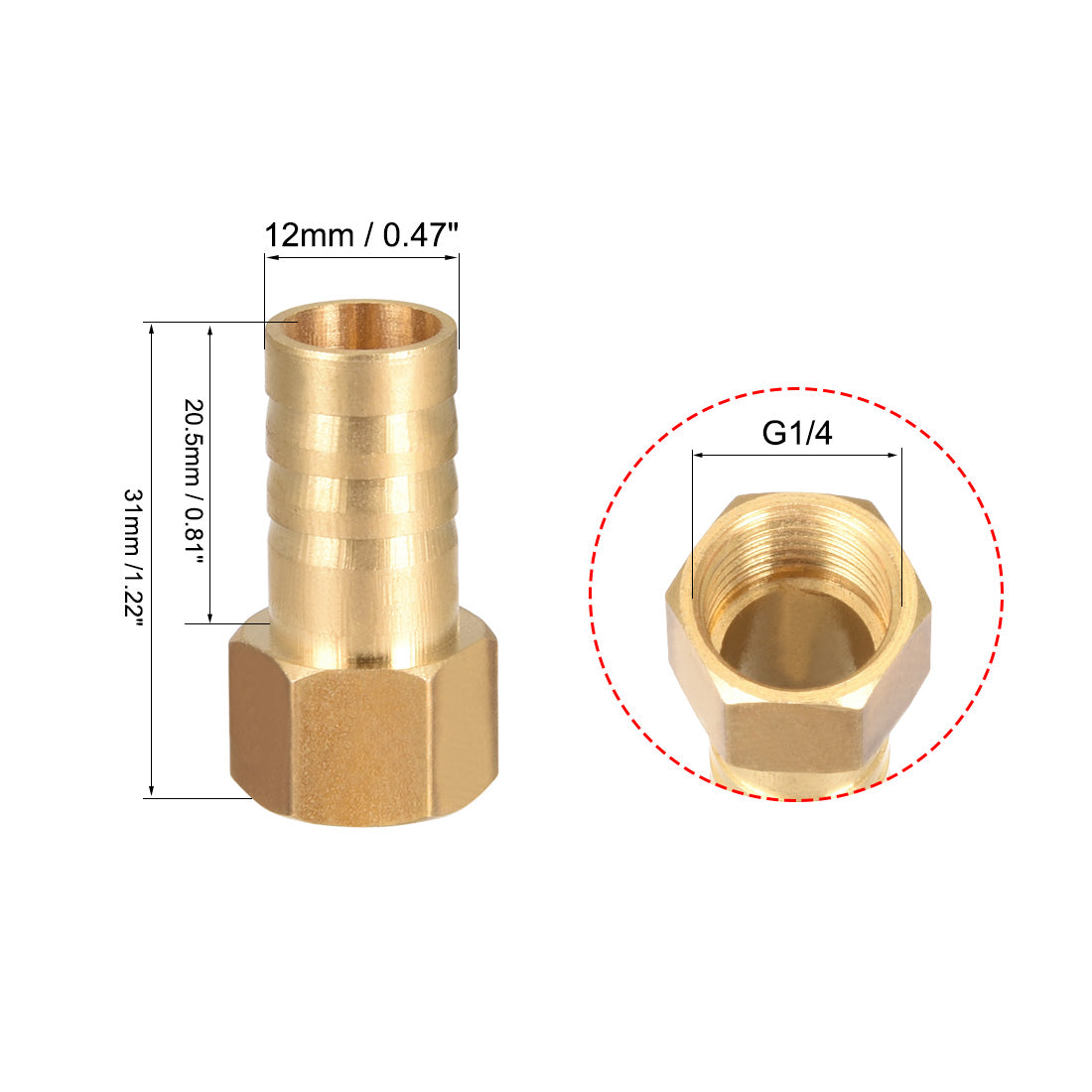 uxcell Uxcell Brass Barb Hose Fitting Connector Adapter 12mm Barbed x G1/4 Female Pipe 5pcs