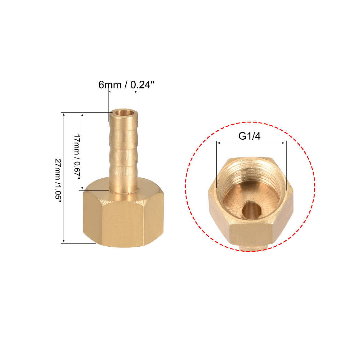 uxcell Uxcell Brass Barb Hose Fitting Connector Adapter 6mm Barbed x G1/4 Female Pipe 2pcs