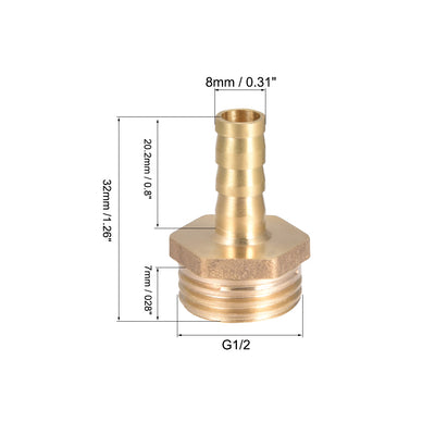 Harfington Uxcell Brass Barb Hose Fitting Connector Adapter 8mm Barbed x G1/2 Male Pipe 5pcs