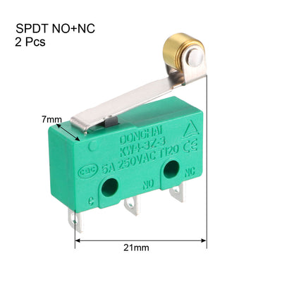 Harfington Uxcell 2PCS KW4-3Z-3 Micro Limit Switch SPDT NO NC 3 Terminals Momentary Hinge Roller Lever Green