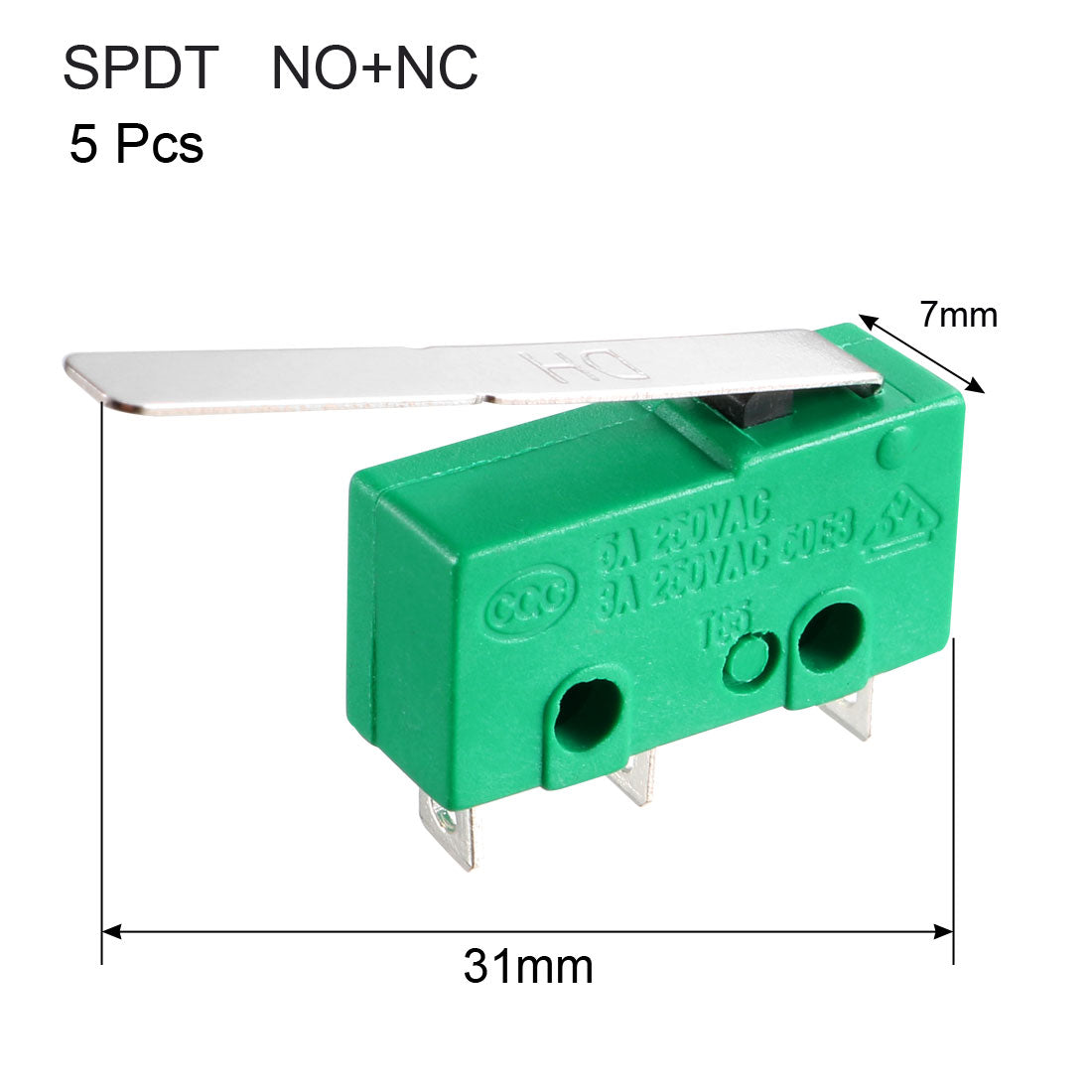 uxcell Uxcell 5PCS KW4-3Z-3 5A125/250VAC Micro Limit Switch SPDT NO NC 3 Terminals Momentary Long Hinge Lever Green