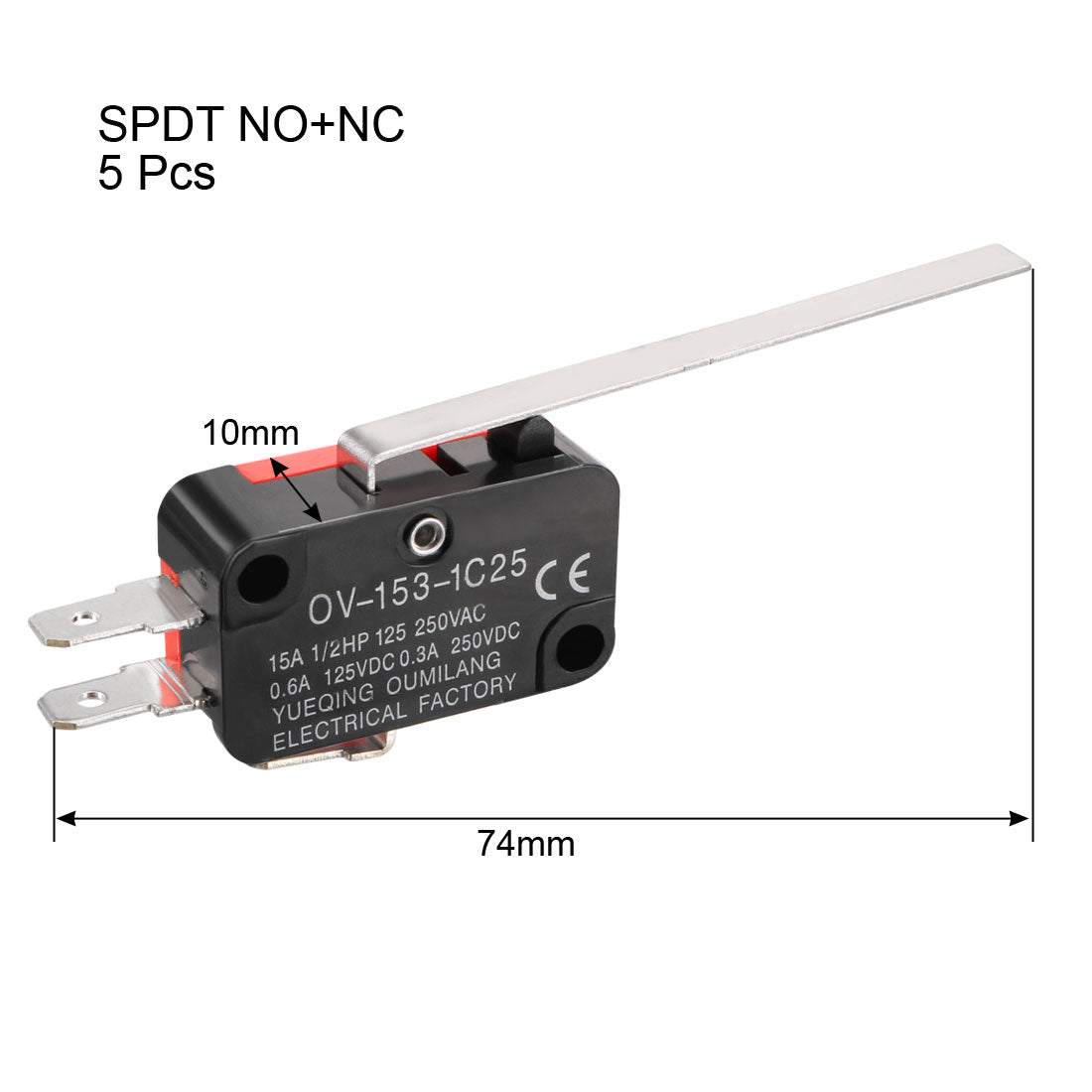 uxcell Uxcell 5PCS OV-153-1C25 15A 125/250VAC SPDT NO NC 3 Terminals Long Straight Lever Action Switches