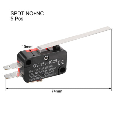 Harfington Uxcell 5PCS OV-153-1C25 15A 125/250VAC SPDT NO NC 3 Terminals Long Straight Lever Action Switches